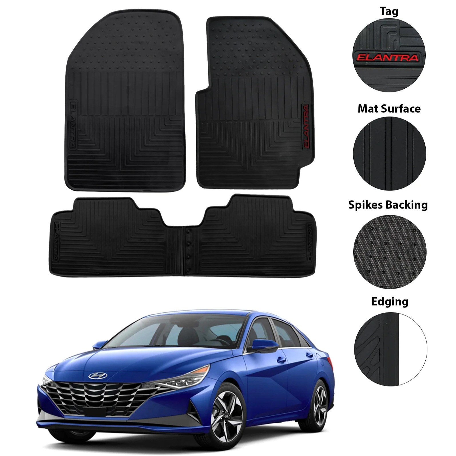 Hyundai Elantra Rubber Floor Mat Black 3pcs Model 2021
